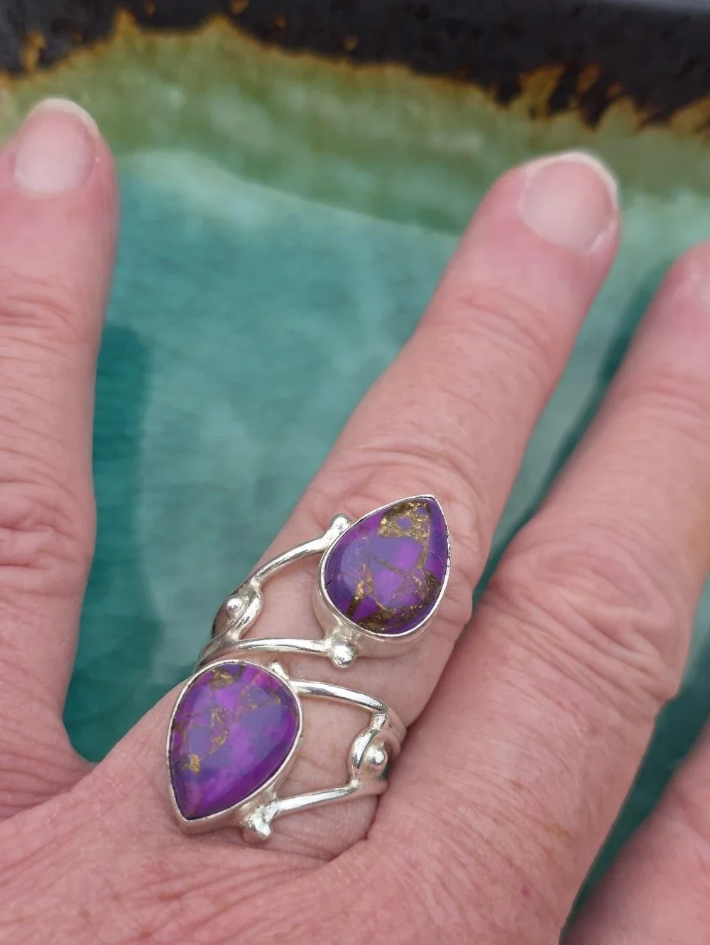Purple Copper Turquoise Double-Stone Ring In 925 Sterling Silver (7)
